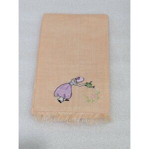 Vintage Linen Tea Towel Guest Orange Embroidered Girl Watering Flowers Fringe